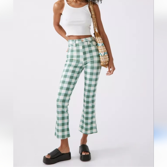 Wrangler Pants - Wrangler Wrock 672 Gingham Kick Flare Green Plaid Checkered Pants Size 25"